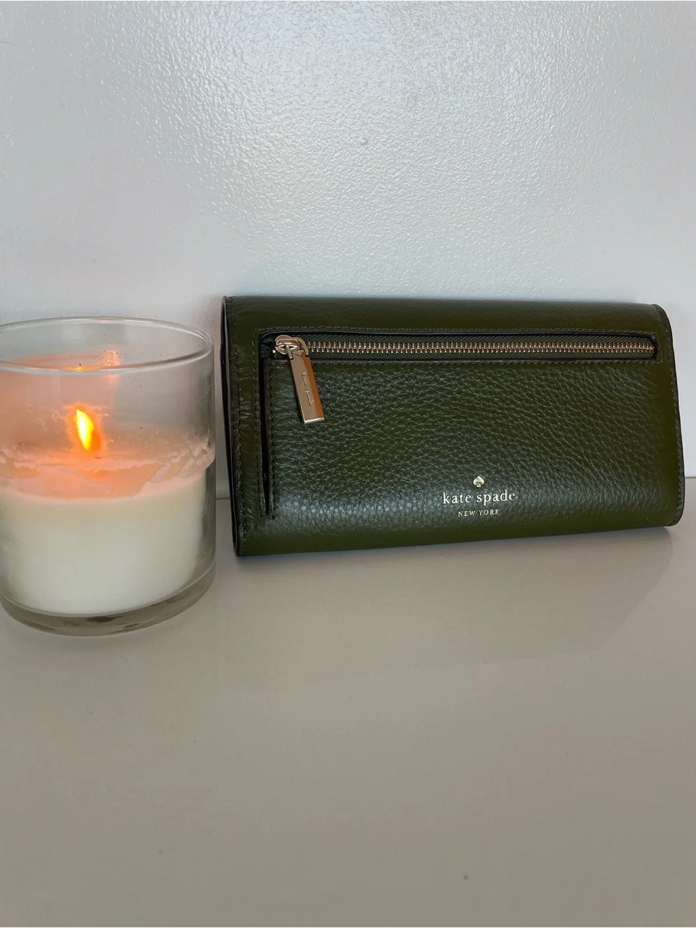 kate spade Olive Green Pebbled Leather Mini Wallet with Gold Hardware